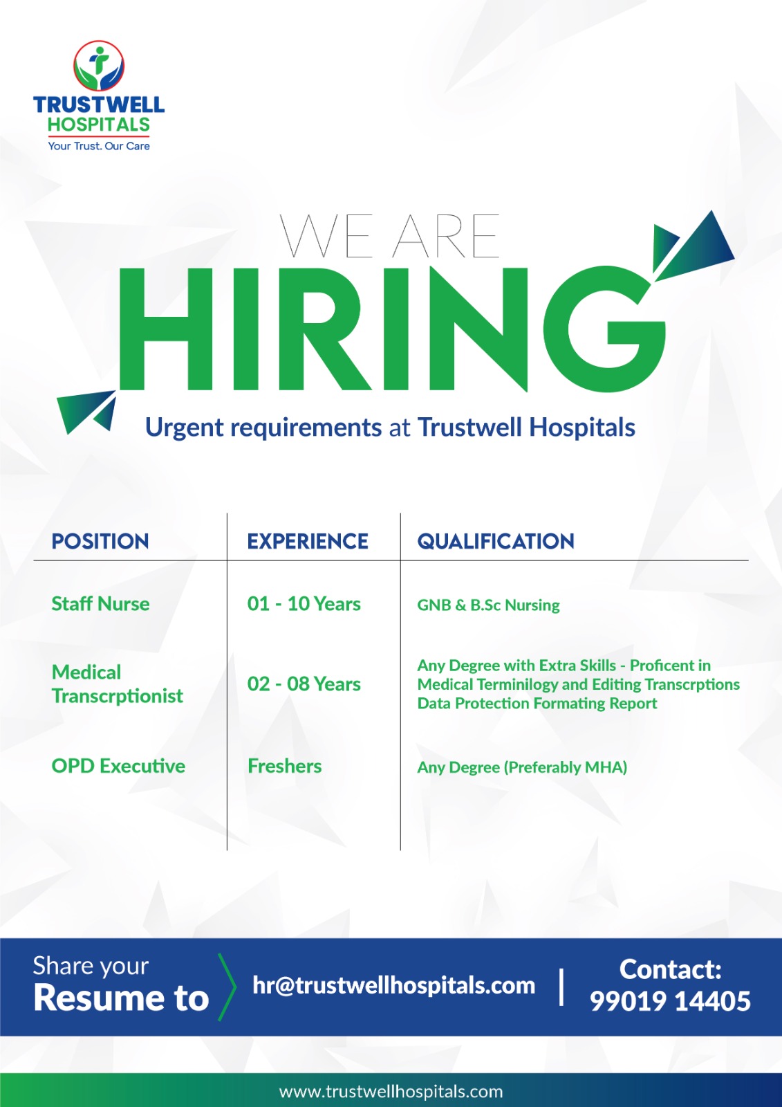 Trustwell Hospitals urgent job openings for nursing, medical transcription and OPD executive roles